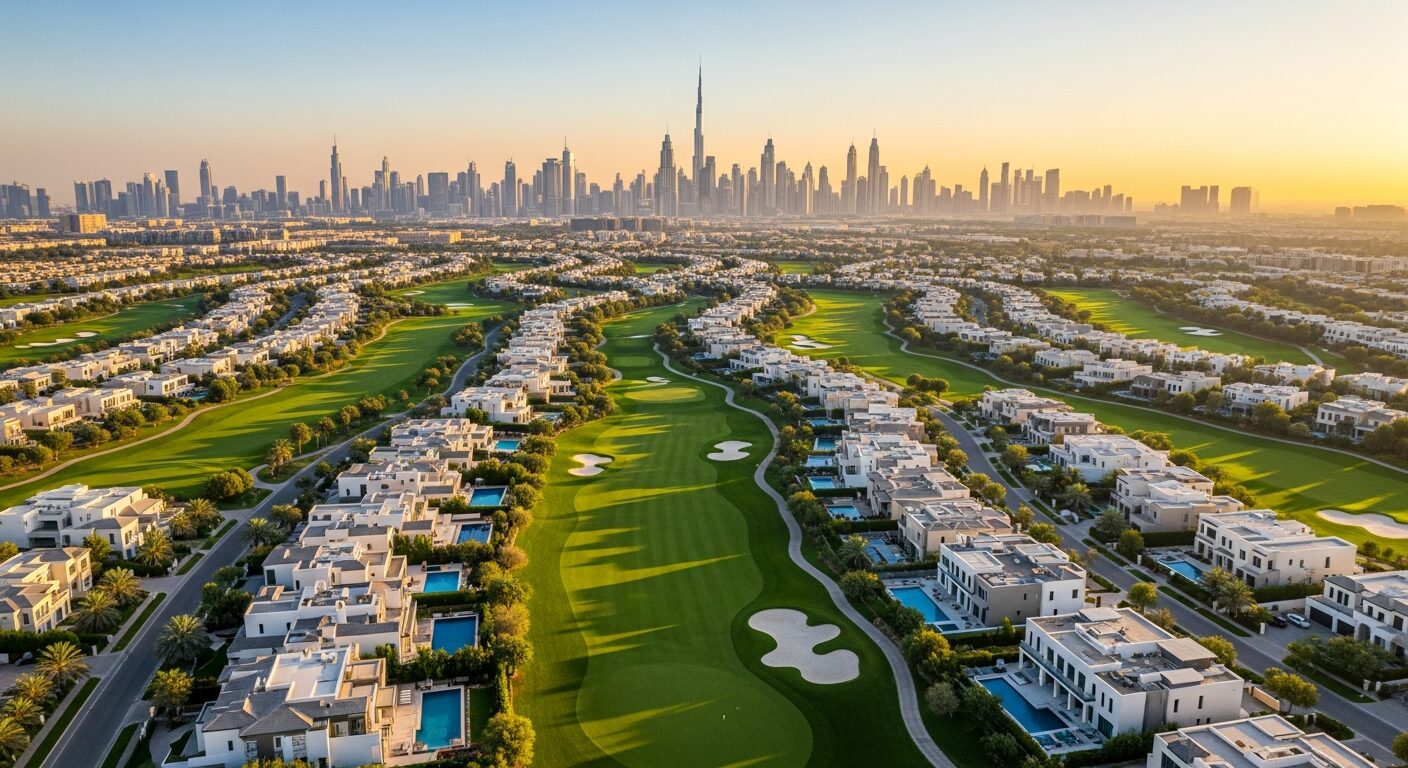 Villas lining the championship golf course at Dubai Hills Estate, with the Dubai skyline and Burj Khalifa beyond at sunset